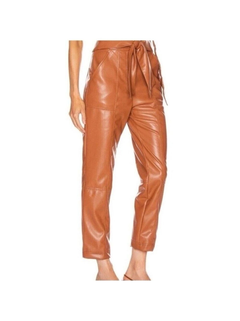 Jonathan Simkhai Tessa Vegan Faux Leather Pants Sz 8 Brown Sash Luxury $425
